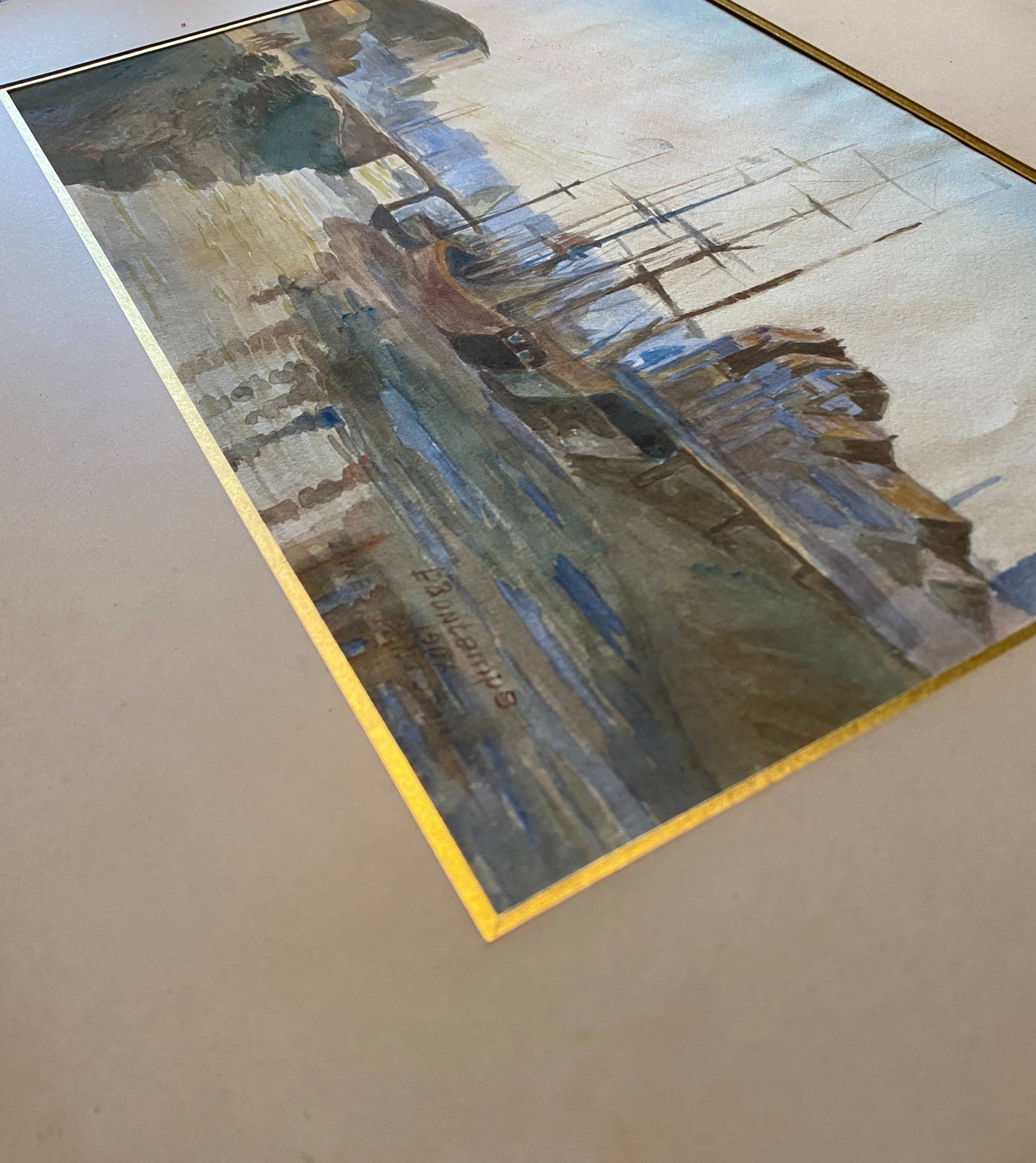 Watercolor Painting Pierre BONTEMPS (1886-1940) Seaport 1907 Brittany?