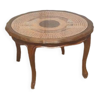 Table basse rotin et bois pieds style Louis 15