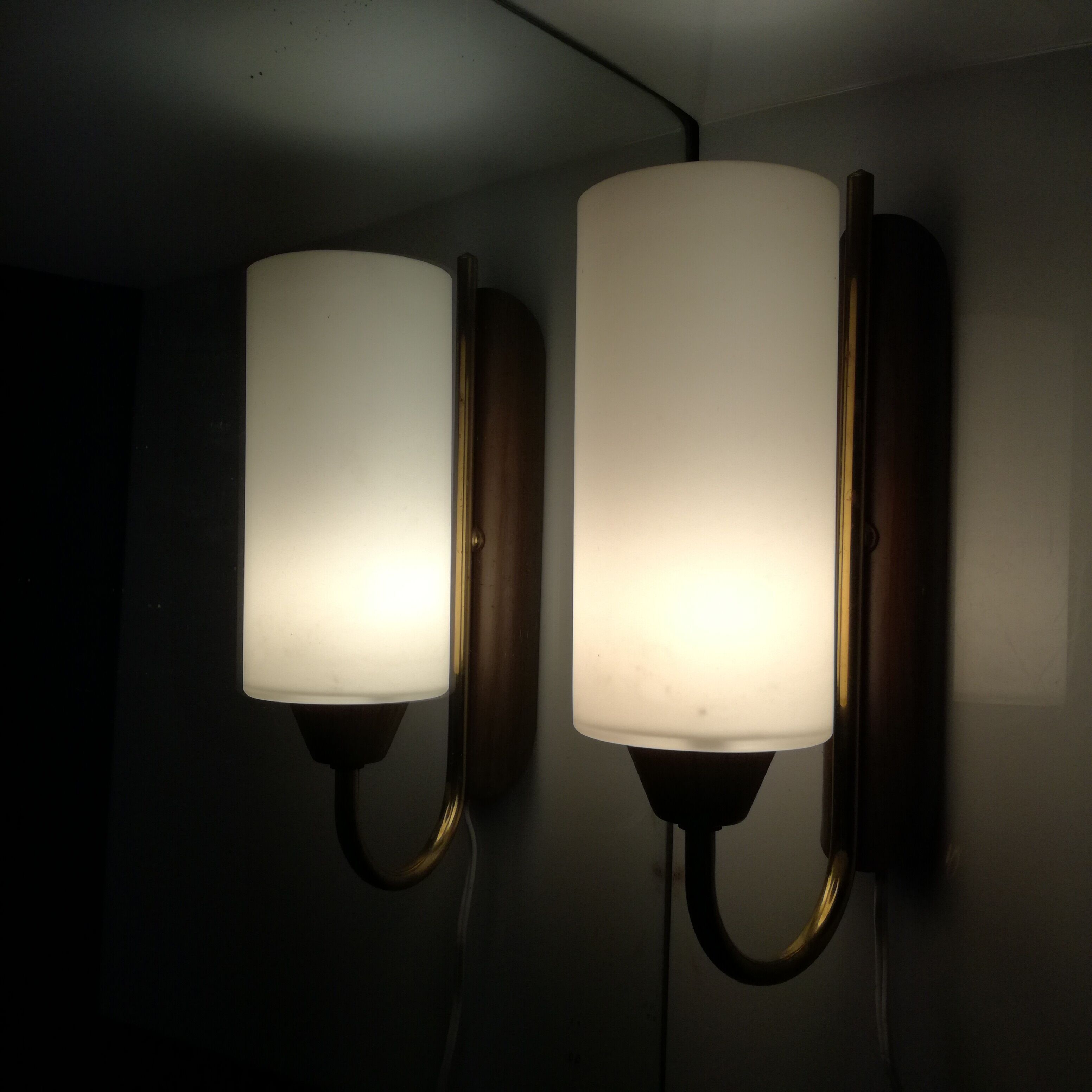 Pair of brass and opalin glass sconces