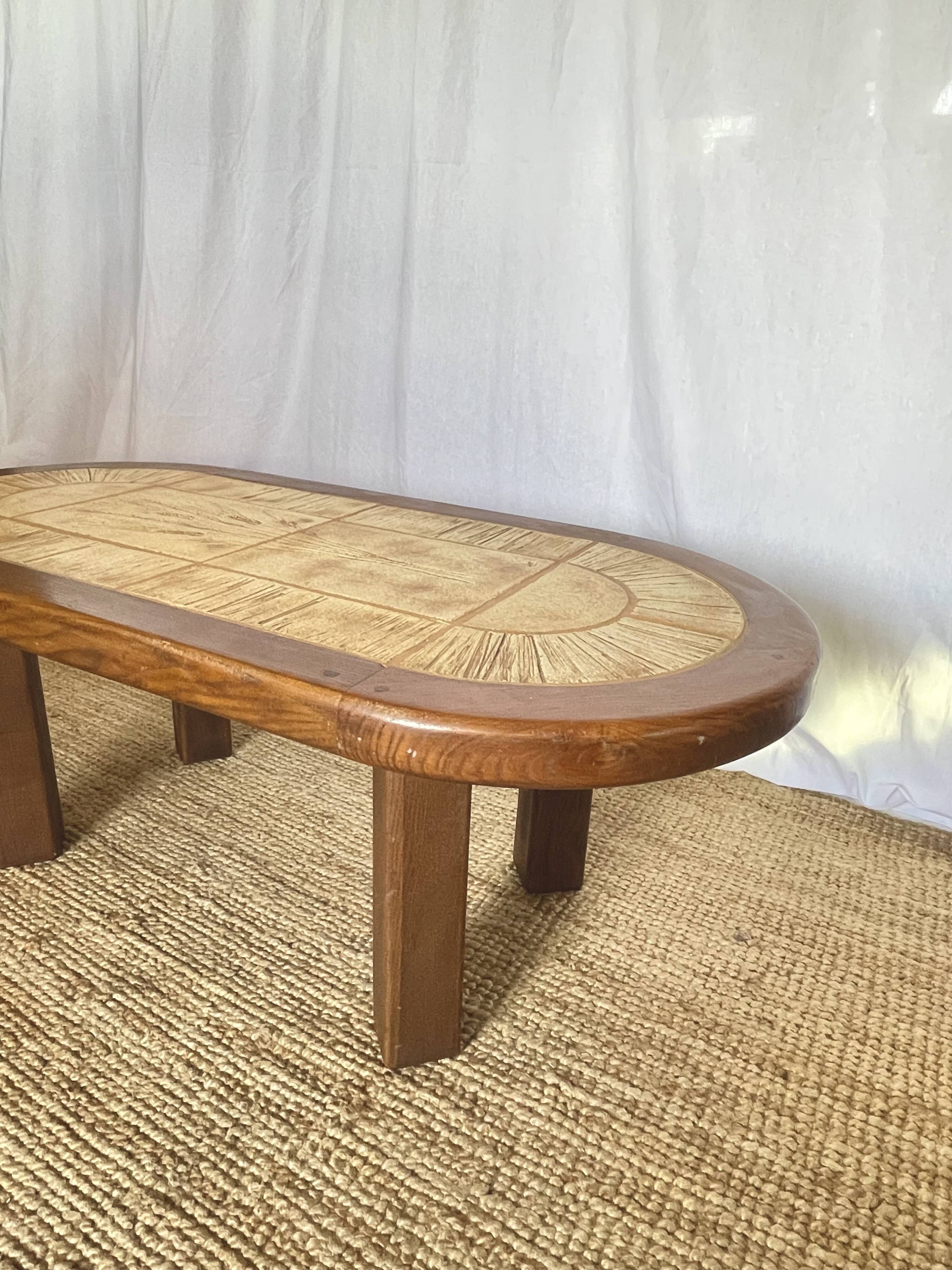 Ceramic and solid wood herbarium coffee table, signed