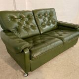 Vintage retro Danish 2 person olive green buttoned leather sofa 1970s