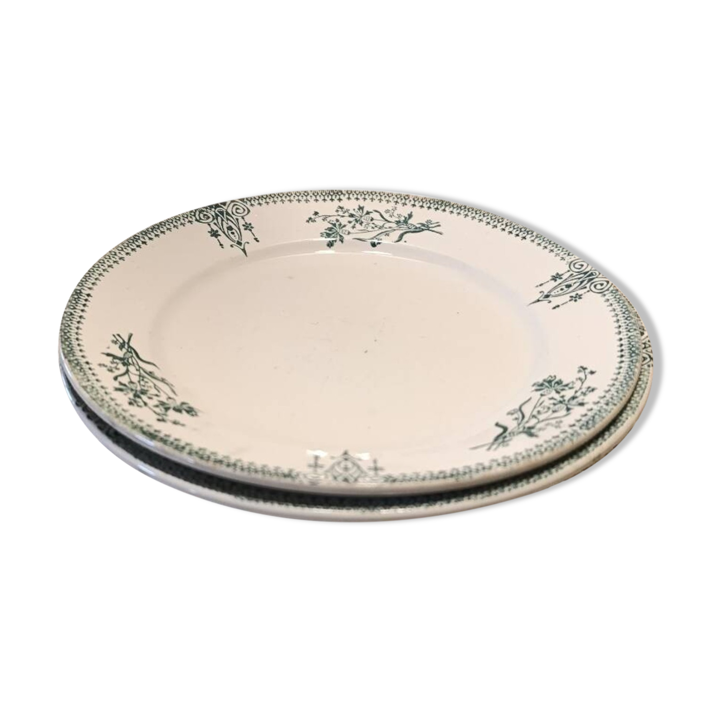 Set of 2 Sarreguemines 4003 plates with green arabesques and flowers
