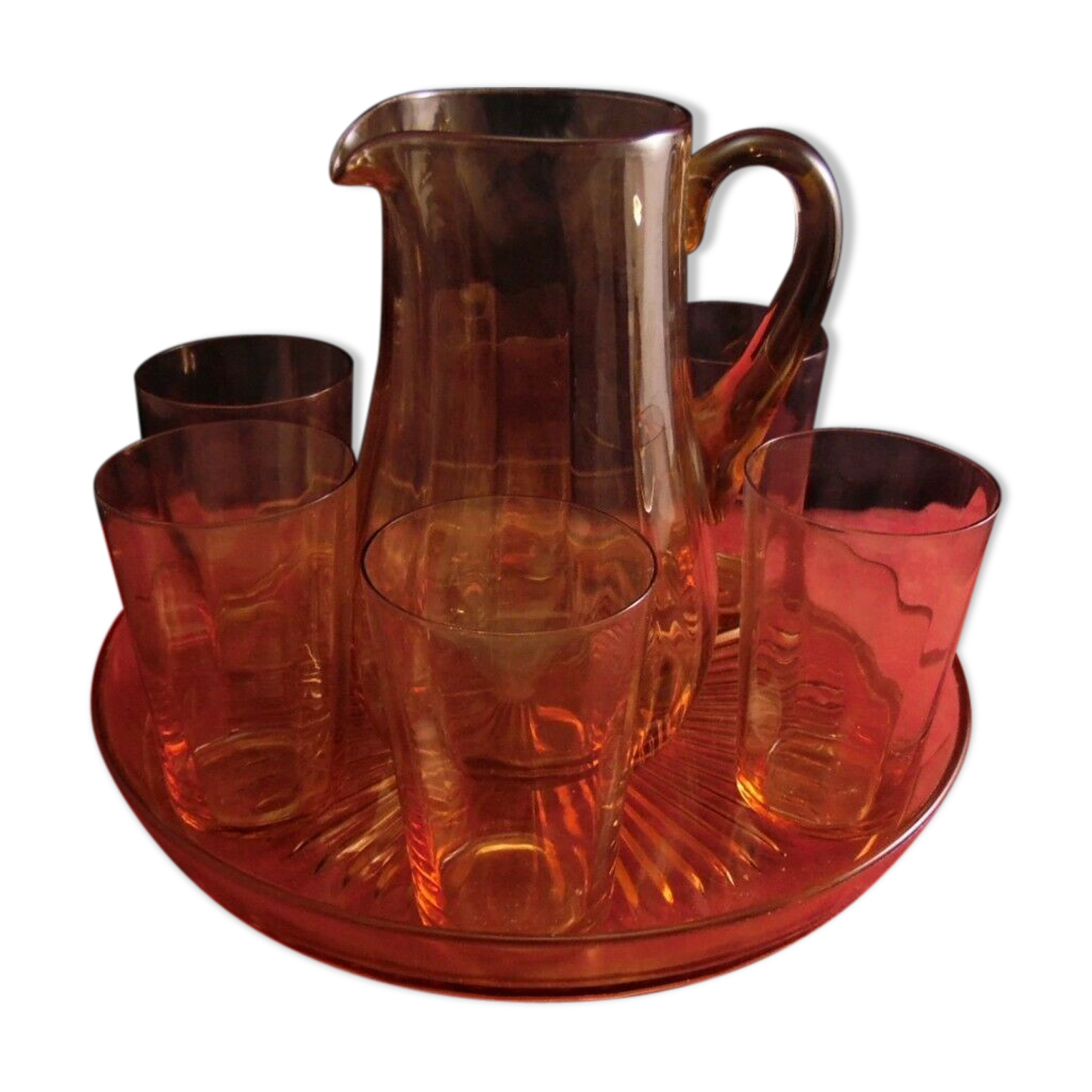 Vintage Parisian orangeade service in orange-blown glass jug with 6 glasses