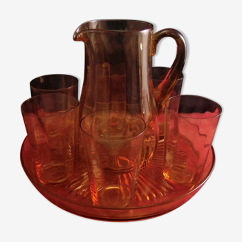 Vintage Parisian orangeade service in orange-blown glass jug with 6 glasses