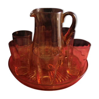 Vintage Parisian orangeade service in orange-blown glass jug with 6 glasses