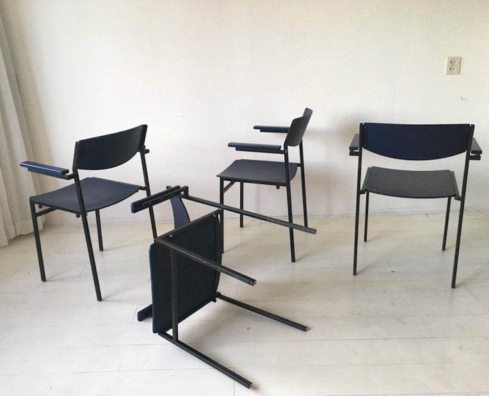 Minimalist blue metal and plywood stackable armchairs by Gijs Van der Sluis