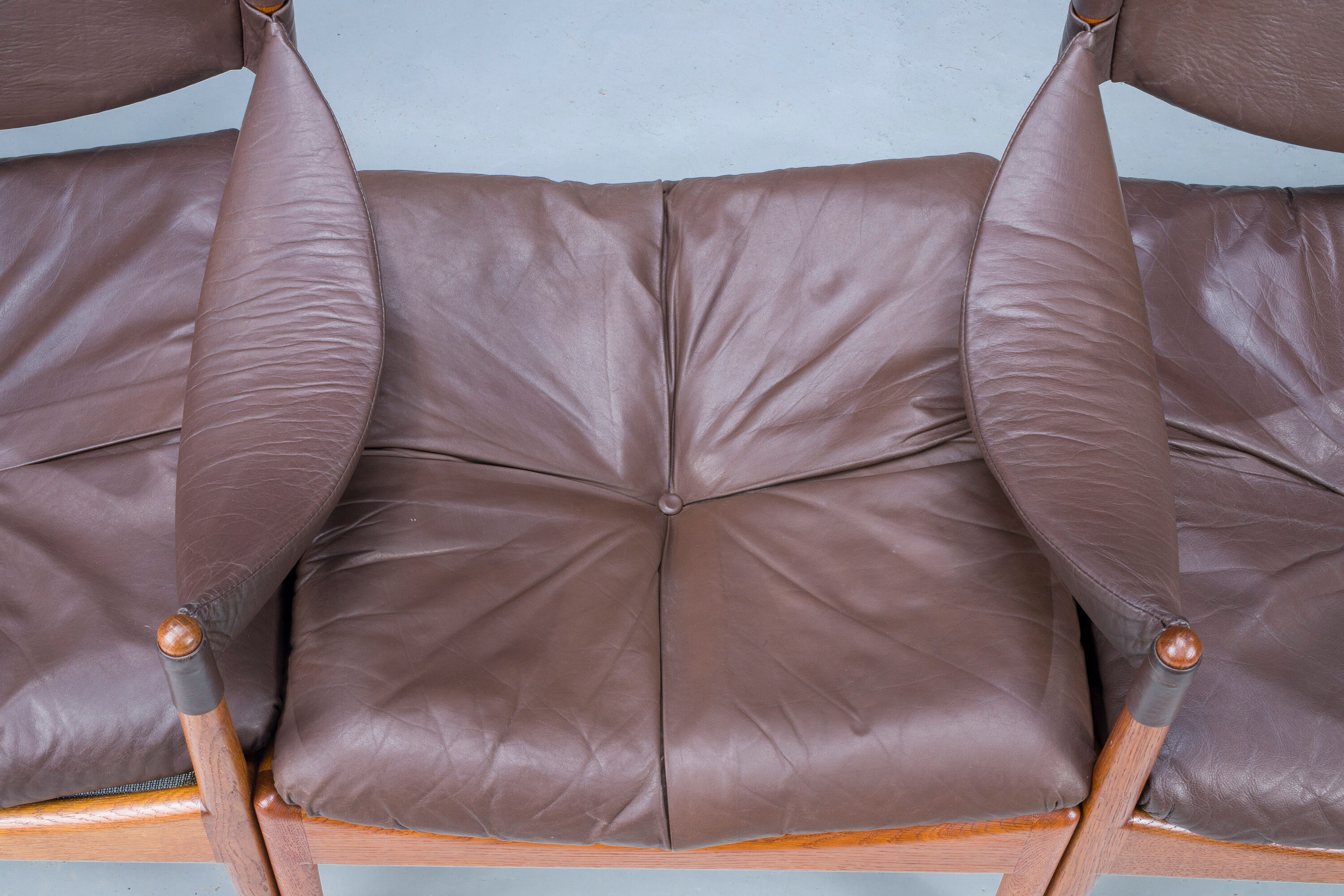 Mid-century danish oak and leather lounge chairs & ottoman by kristian vedel, 1960s, set of 3