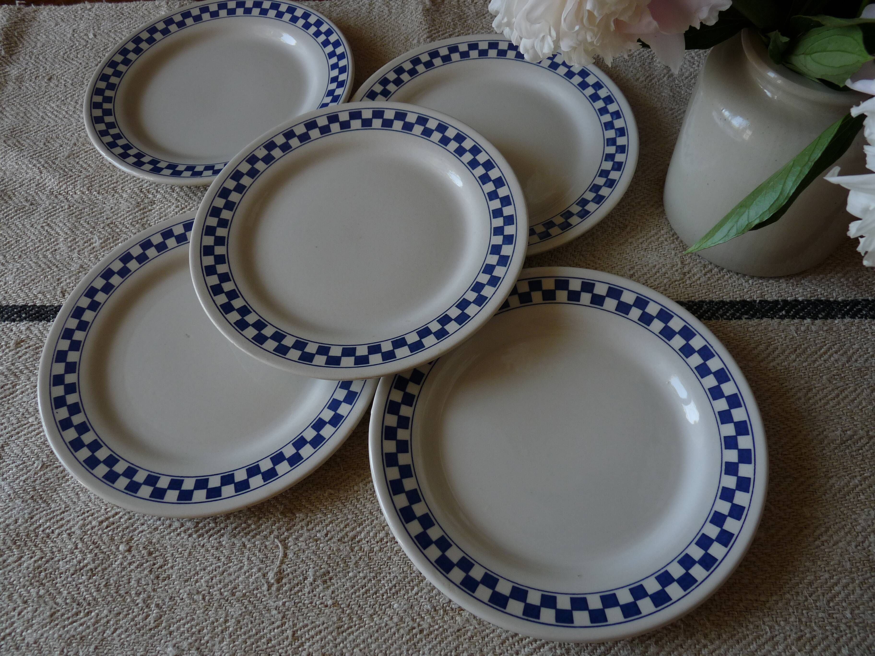 6 dessert plates blue checkerboard décor style Lustucru Oxford Brazil