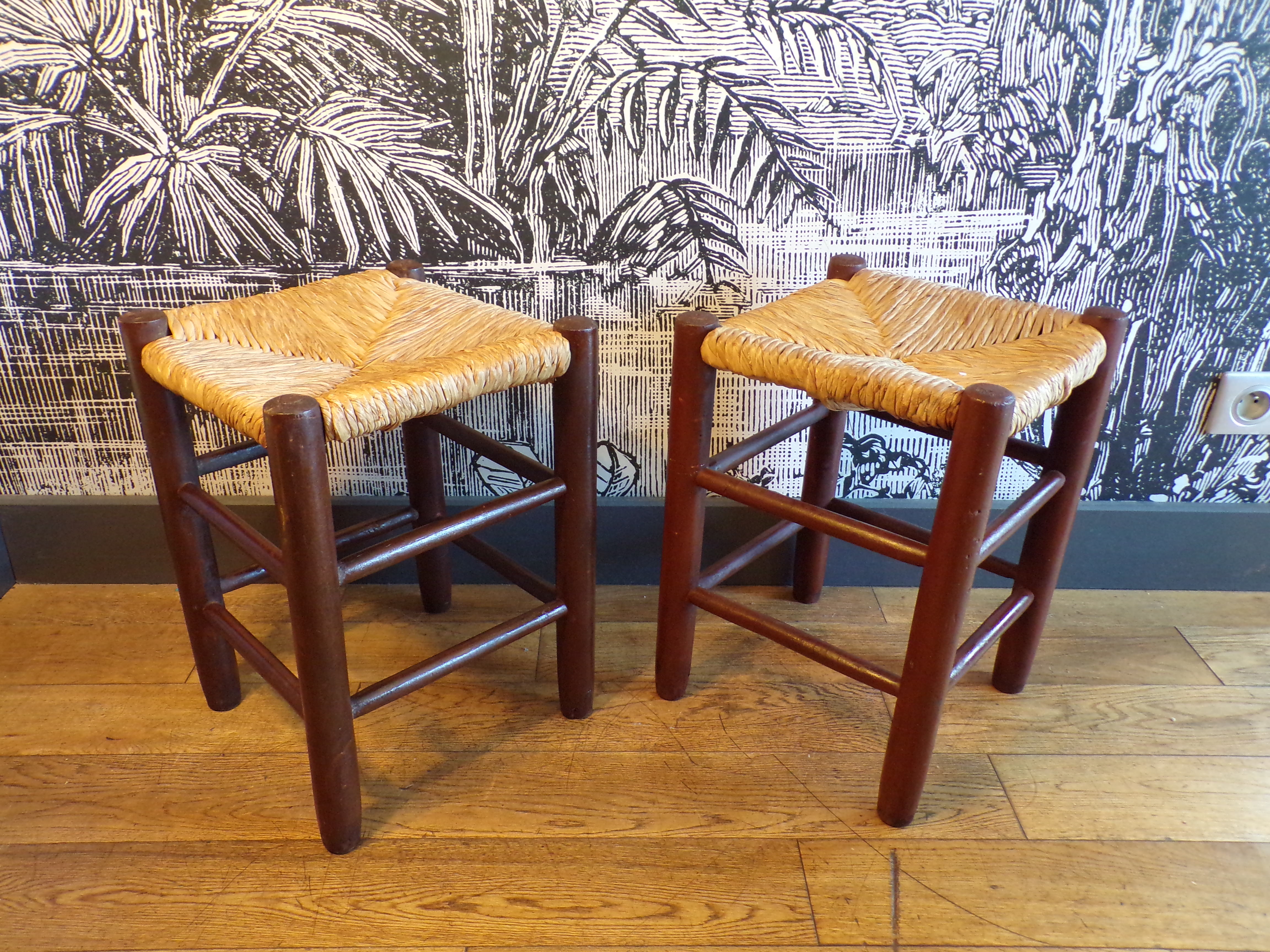 Pair of vintage stools turned wood and straw