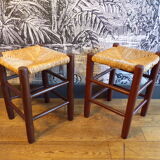 Pair of vintage stools turned wood and straw