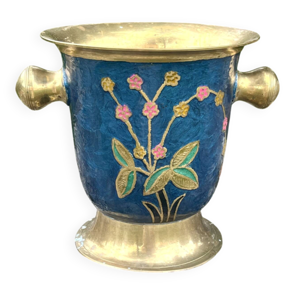Seau à glace en laiton cloisonné, refroidisseur à champagne floral en émail bleu
