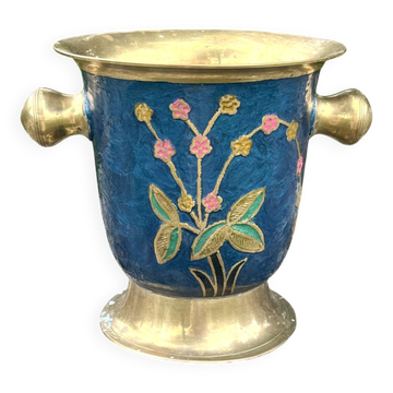 Cloisonne Brass Ice Bucket, Blue Enamel Floral Champagne Cooler