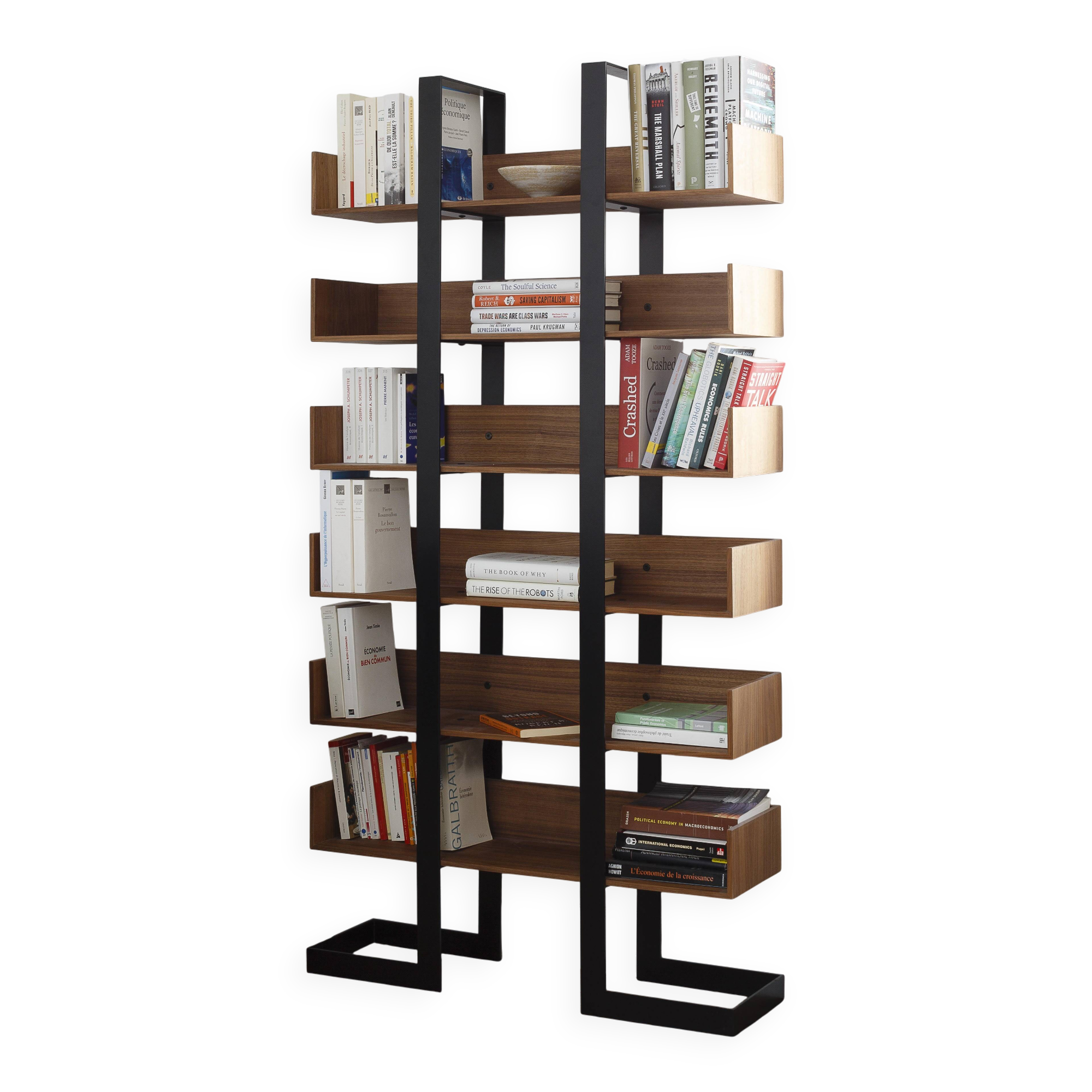 Severin 3 library in American walnut and matte black steel.