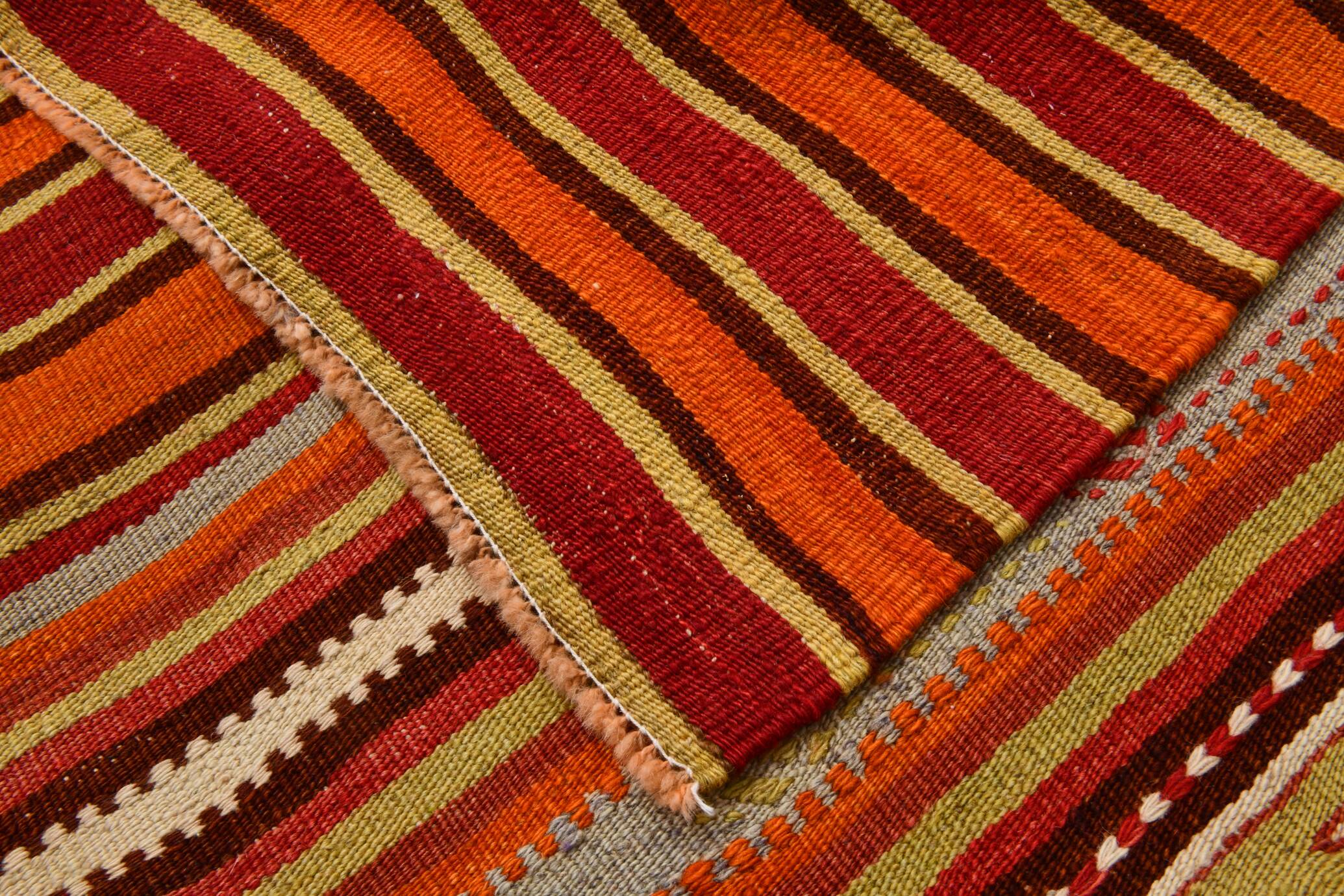 Pumpkin Orange Striped Turkish Woven Kilim Rug, 158x390 Cm