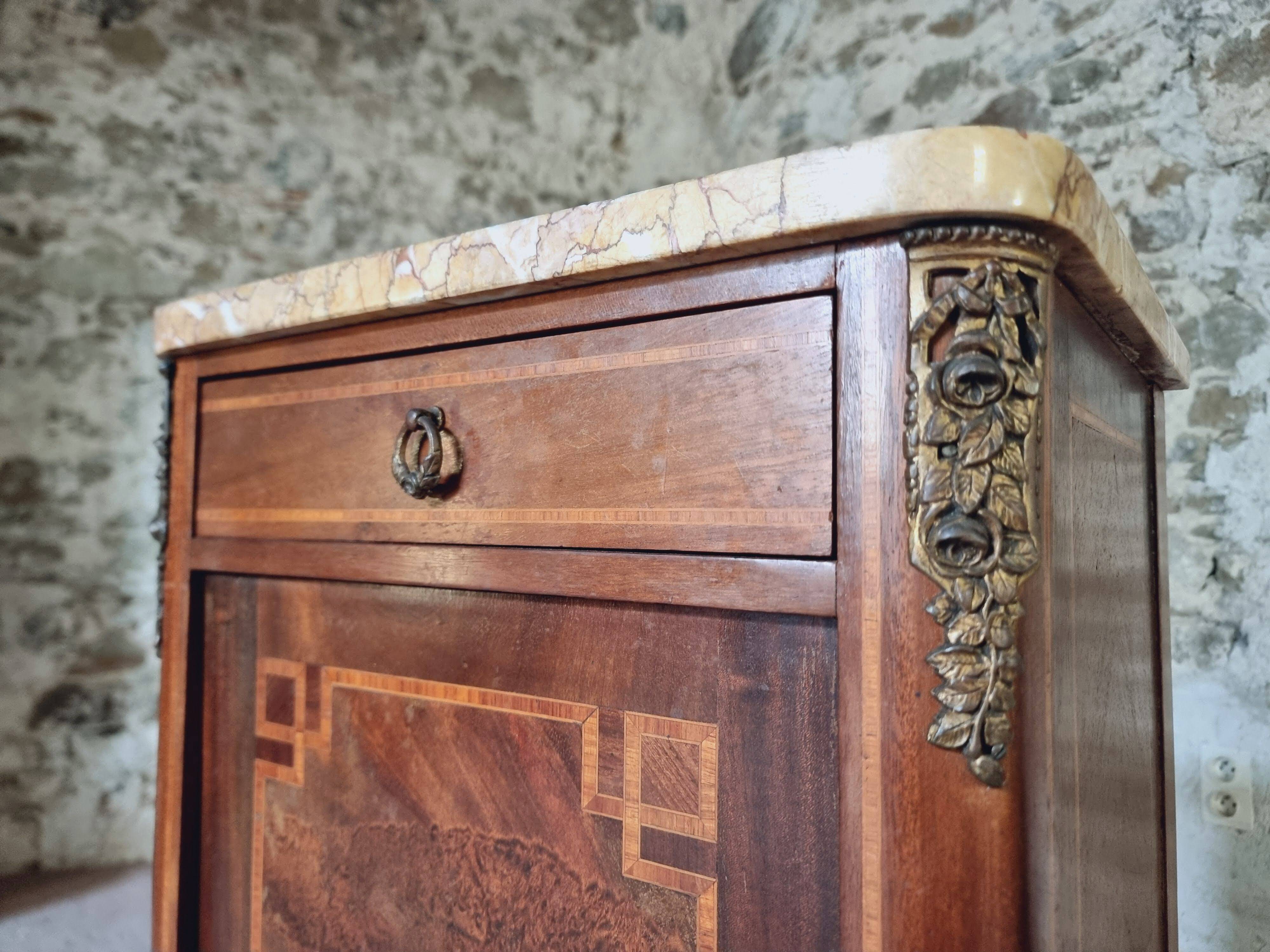 Antique French mahogany and walnut bedside table with marble top