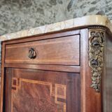 Antique French mahogany and walnut bedside table with marble top