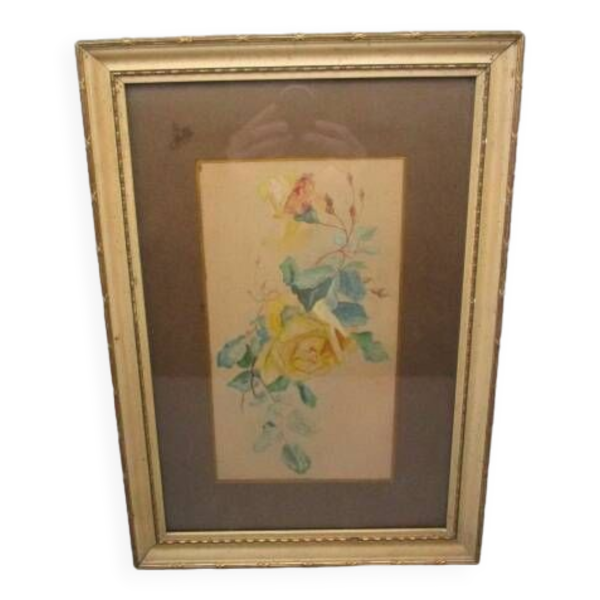 Aquarelle ancienne - tige de roses - encadrée
