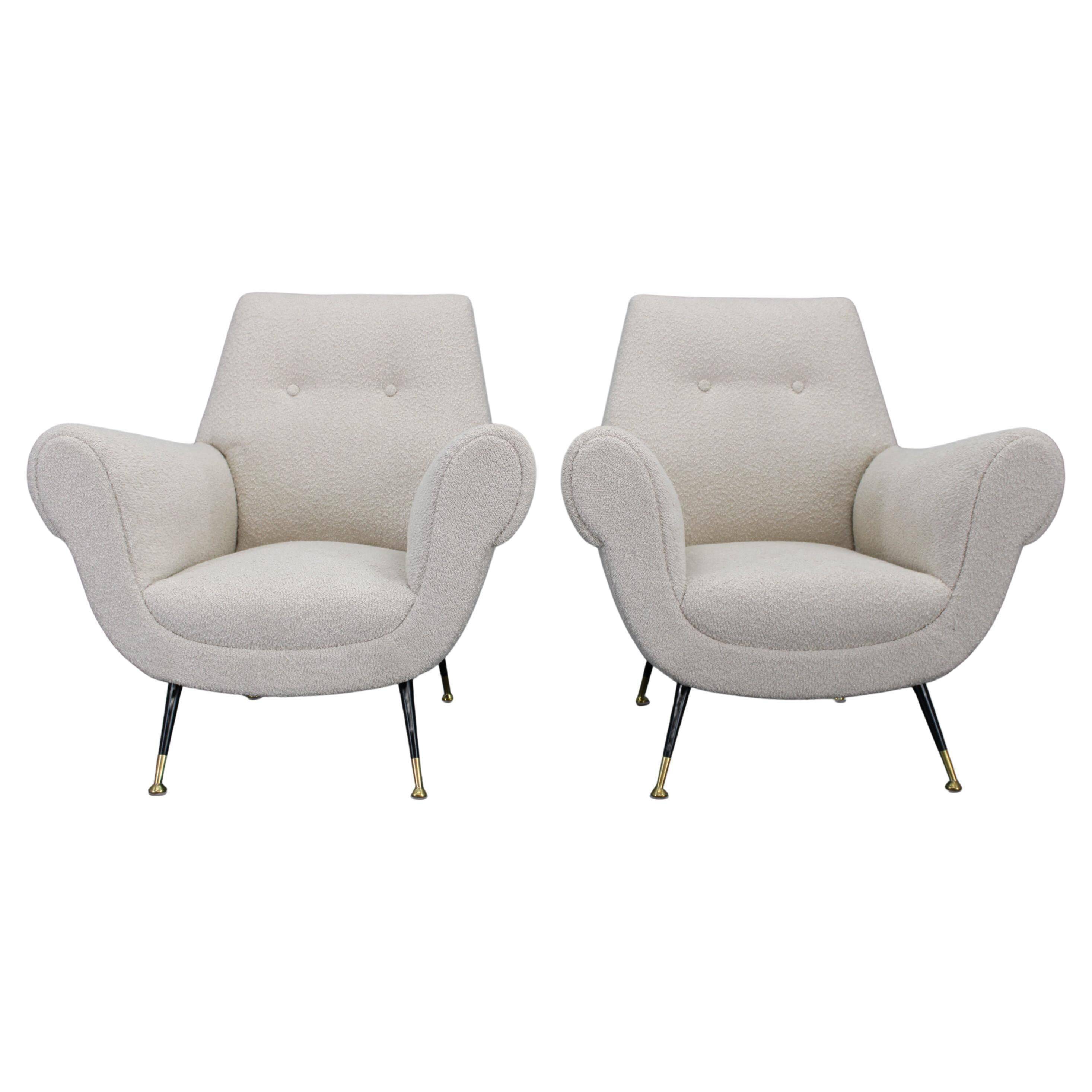 Pair of Italian mid-century boucle armchairs, iron & brass legs, 1950s