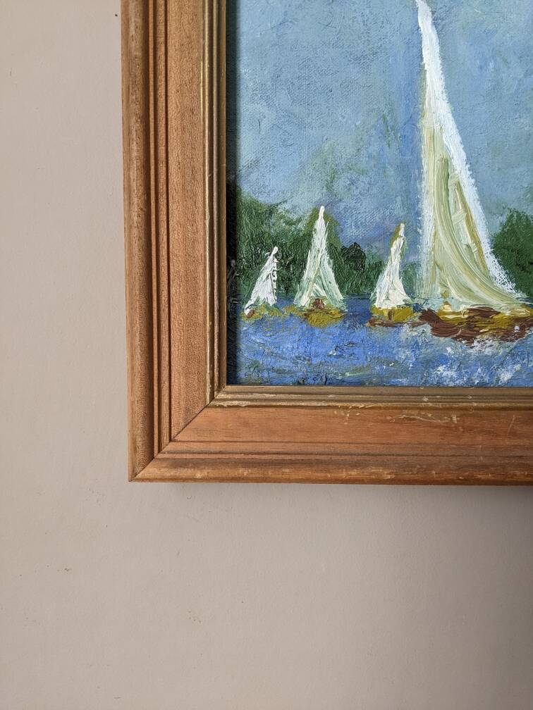 Old acrylic painting on canvas sailboats boats seaside