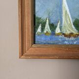 Old acrylic painting on canvas sailboats boats seaside