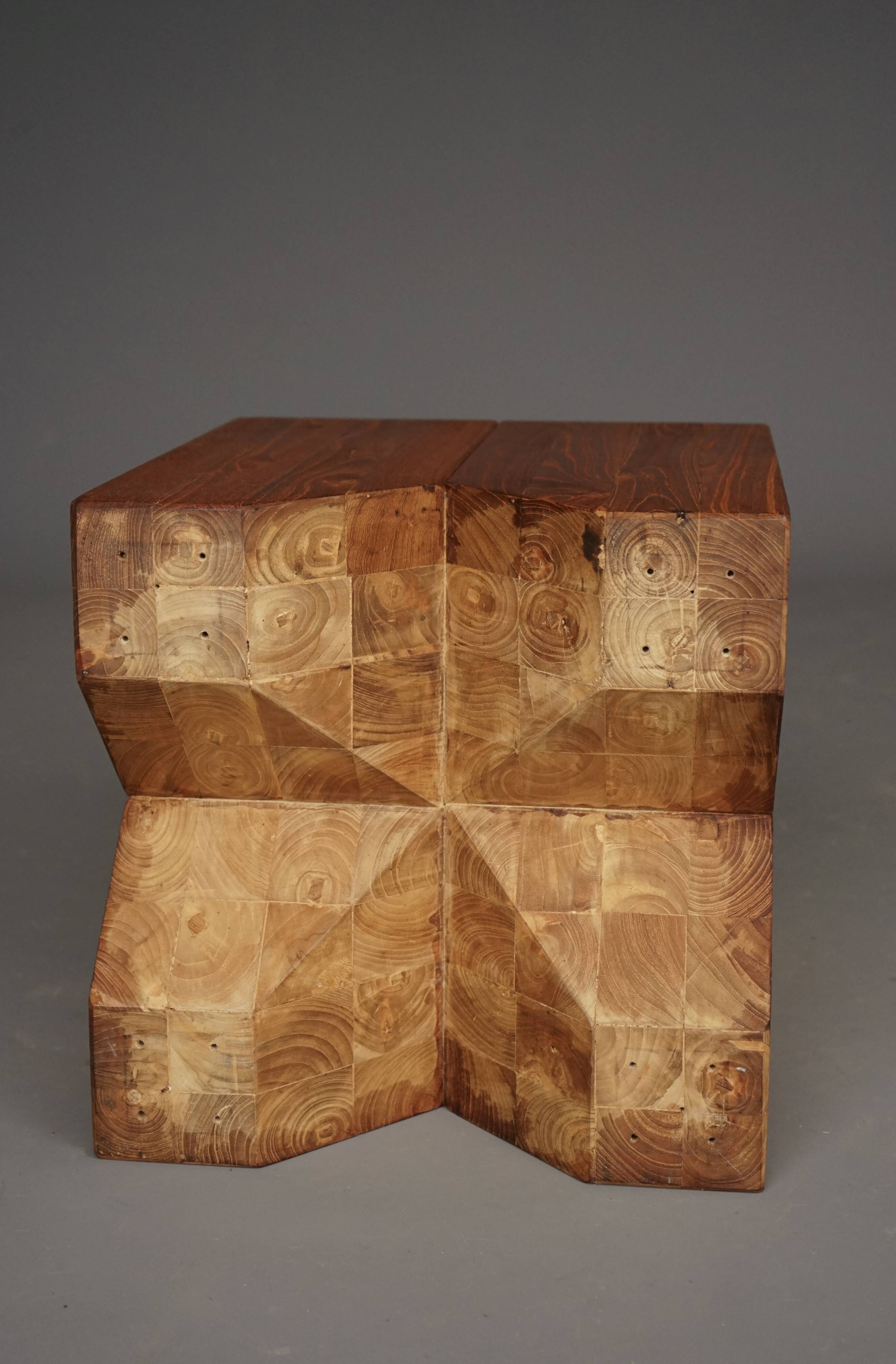 Brutalist solid Teak wood Stool or Side Table. 1990s