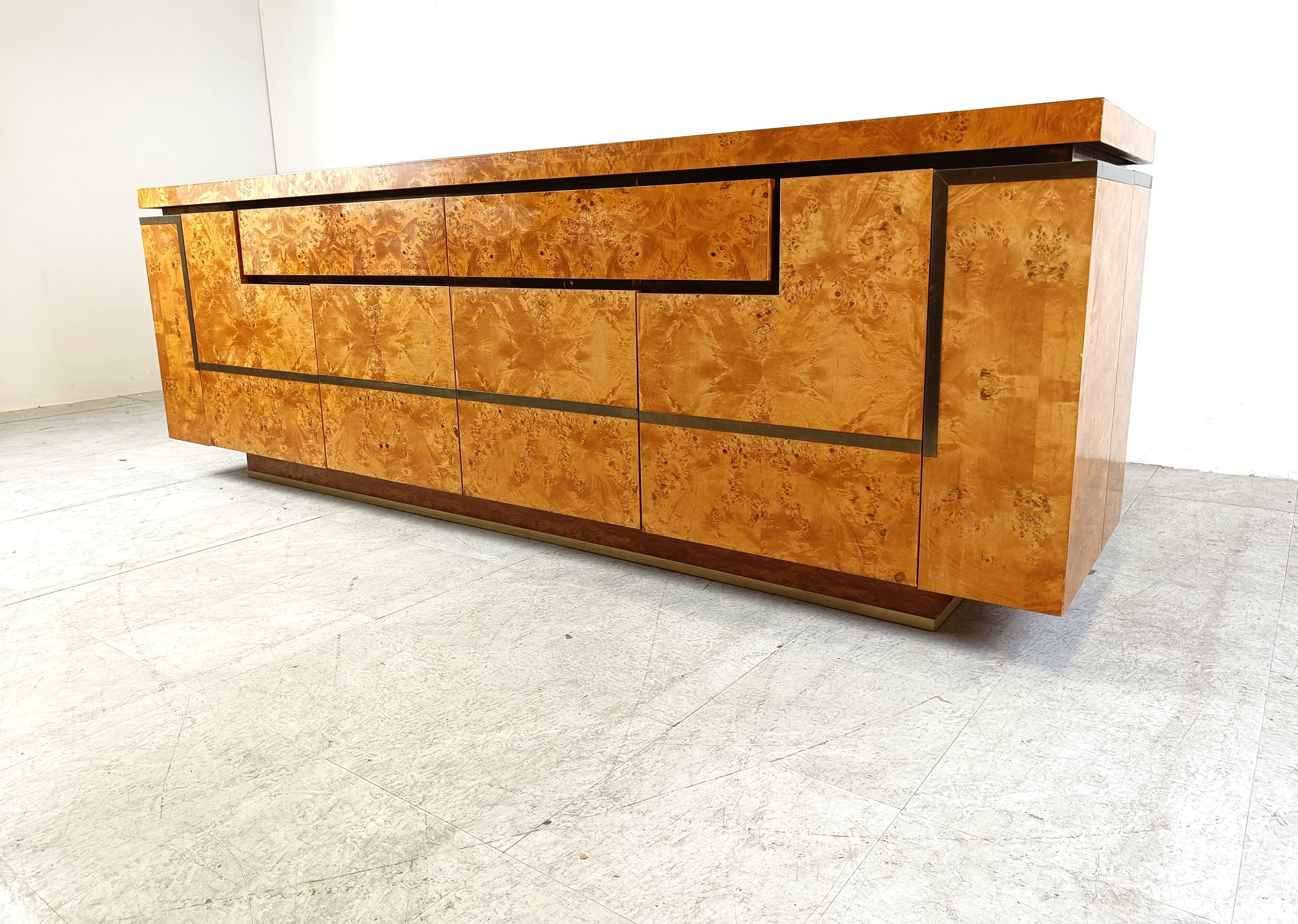 Burl wood credenza by Jean Claude Mahey, 1970s