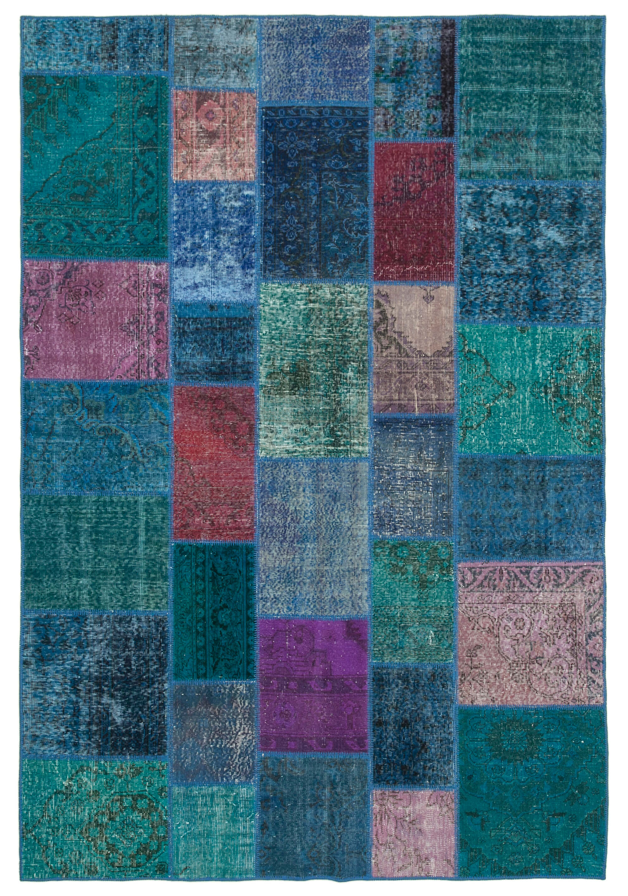 Handwoven oriental overdyed 200 cm x 295 cm blue patchwork carpet