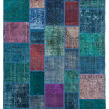 Handwoven oriental overdyed 200 cm x 295 cm blue patchwork carpet