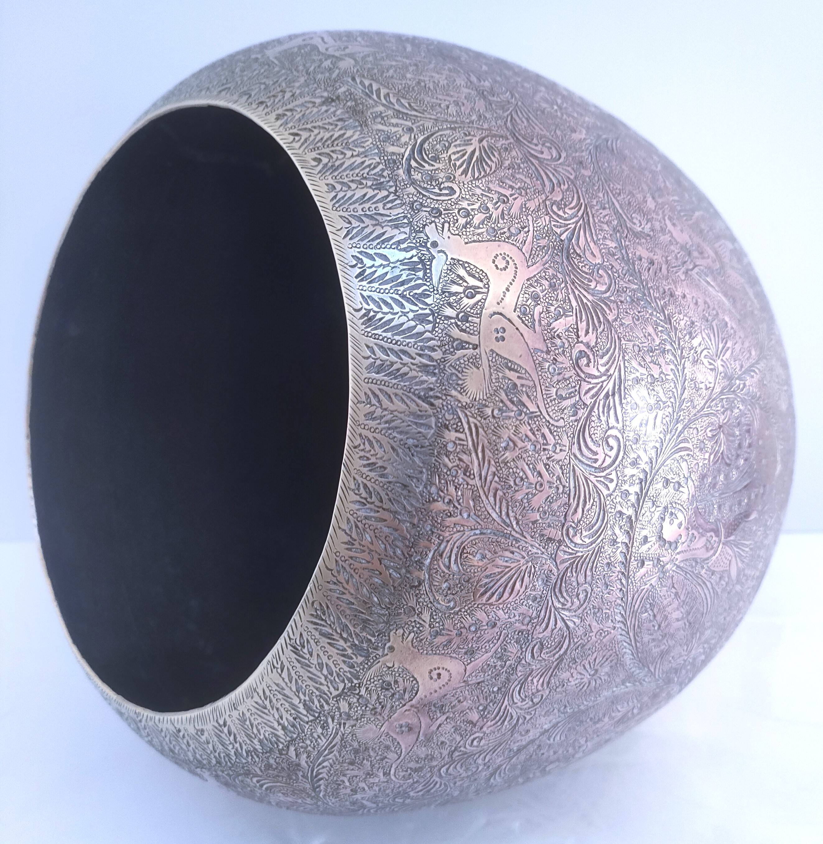 Solid brass pot cover engraved decor animal plant characters