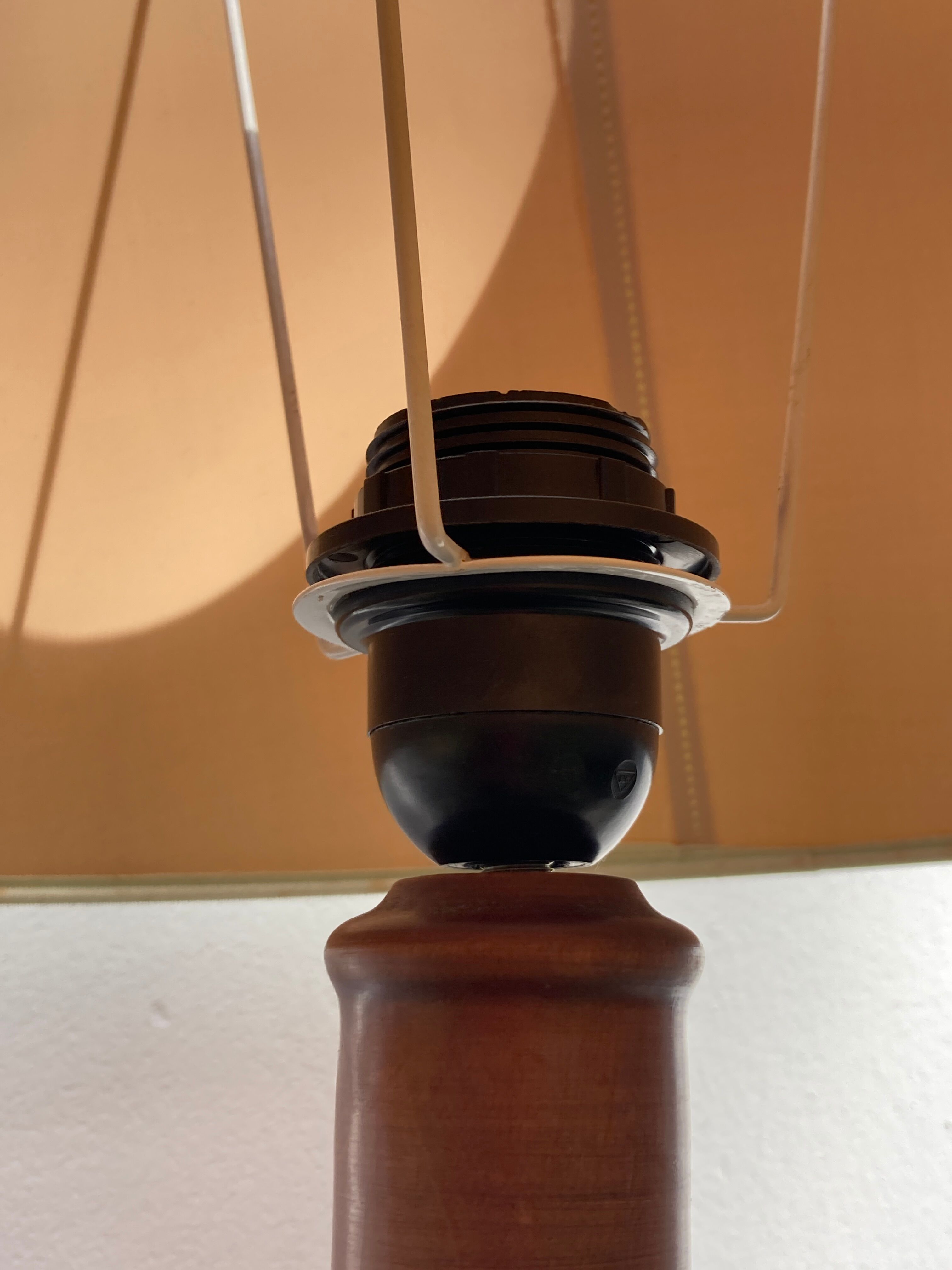 Turned wooden lamp old bluish gray lampshade