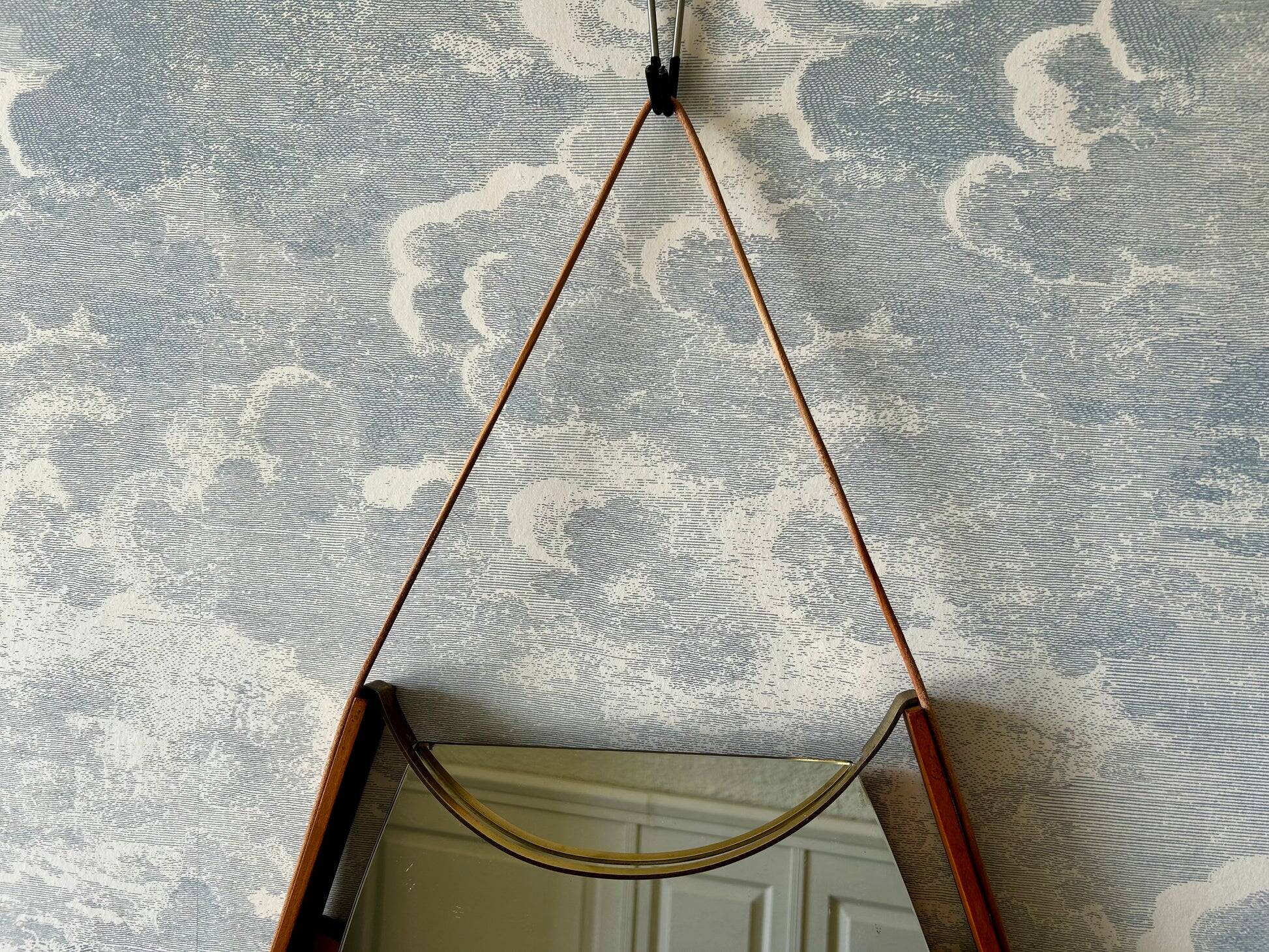 Wall mirror with brass detail and leather mounting, Vetreria Andreini, Ravenna, Italy, 1950s