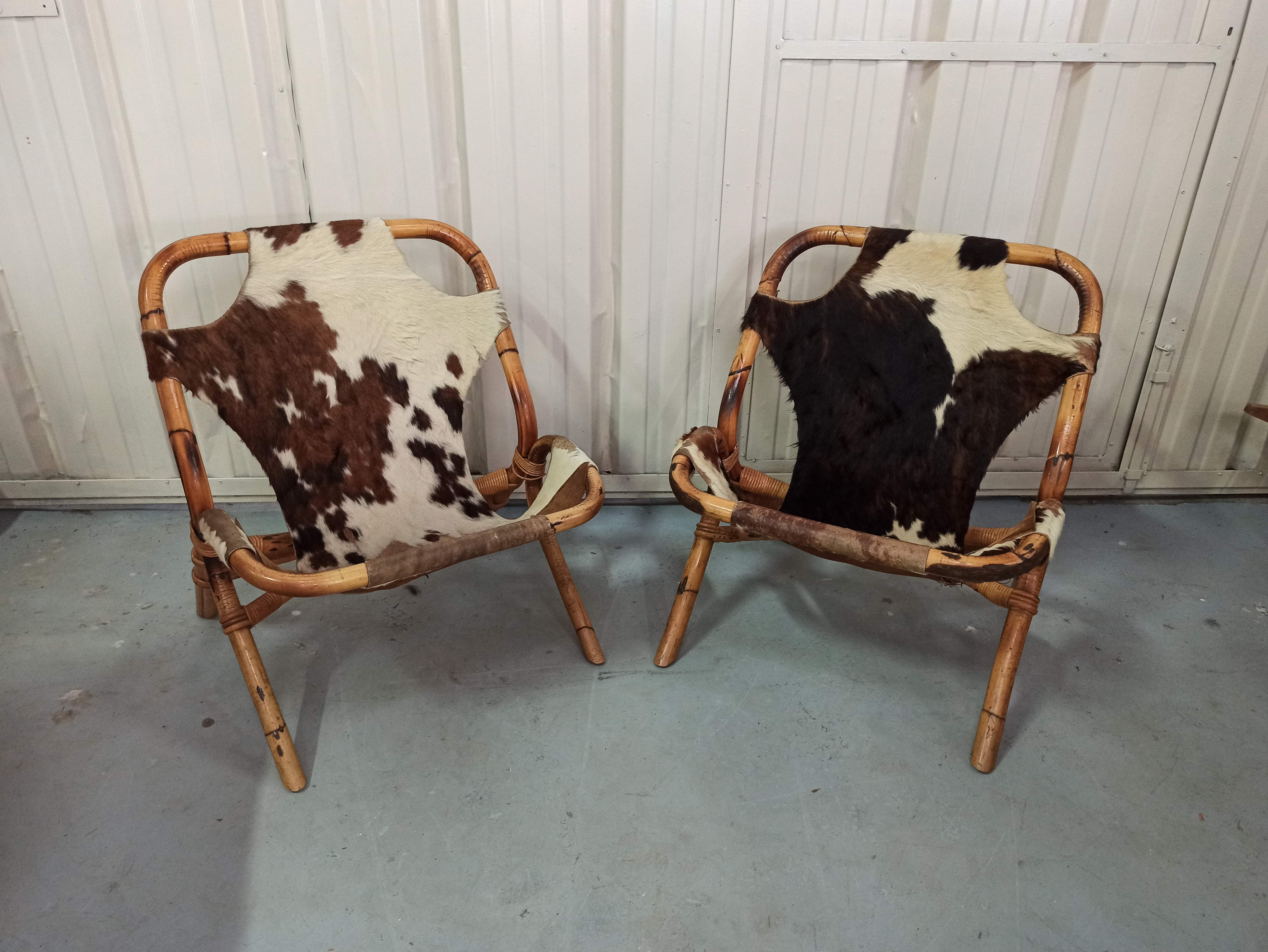 Pair of armchairs bamboo leather skin rohé noordwolde