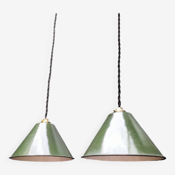 Pair of old enameled sheet metal pendant lights