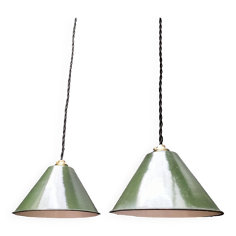 Pair of old enameled sheet metal pendant lights