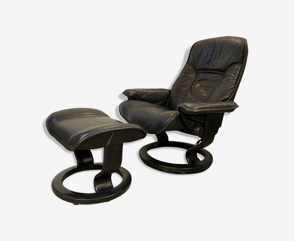 Fauteuil relaxation cuir & repose pieds Stressless modele Ekornes vintage  1980s | Selency