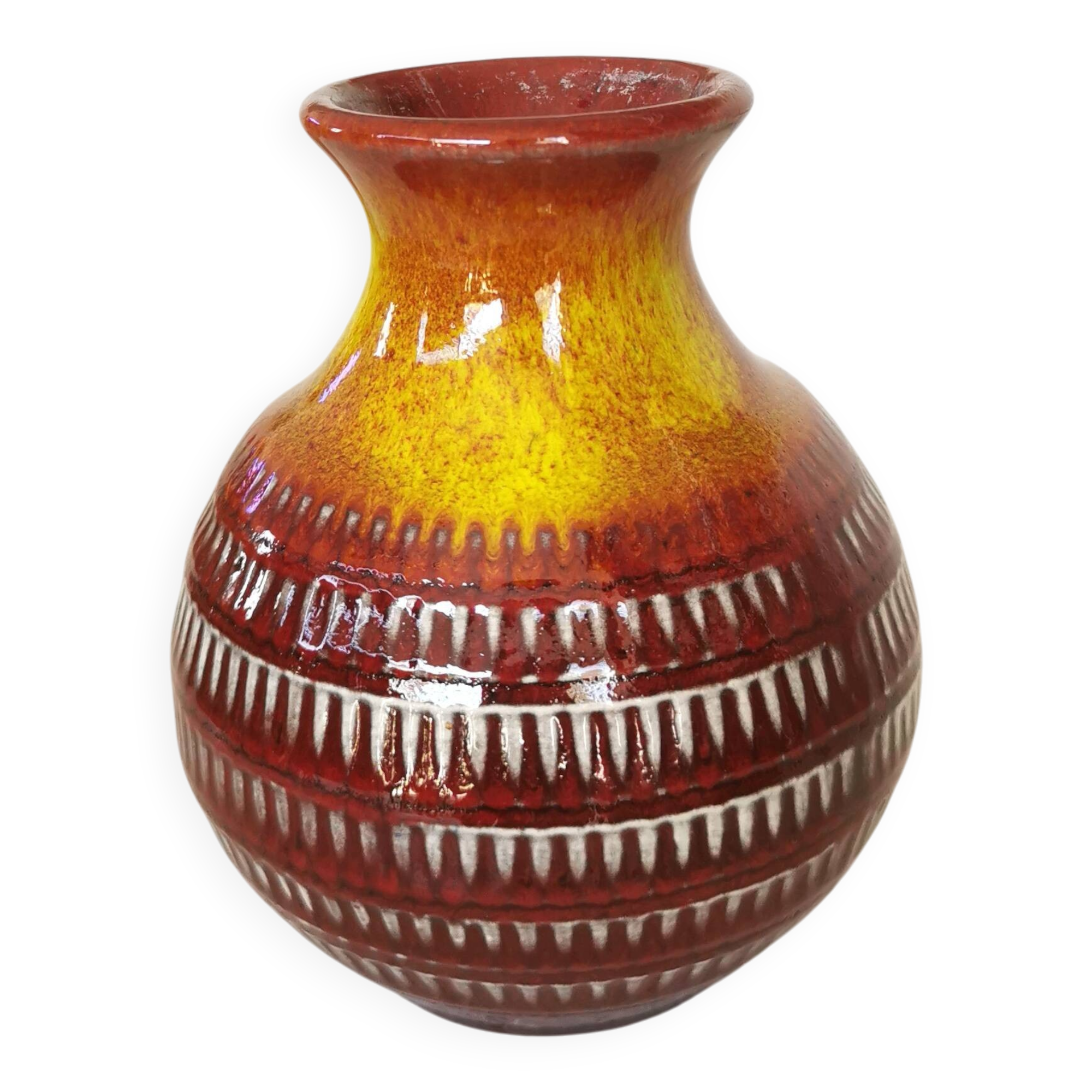 Vintage Scheurich Fat Lava Vase: West German Red & Yellow Pottery
