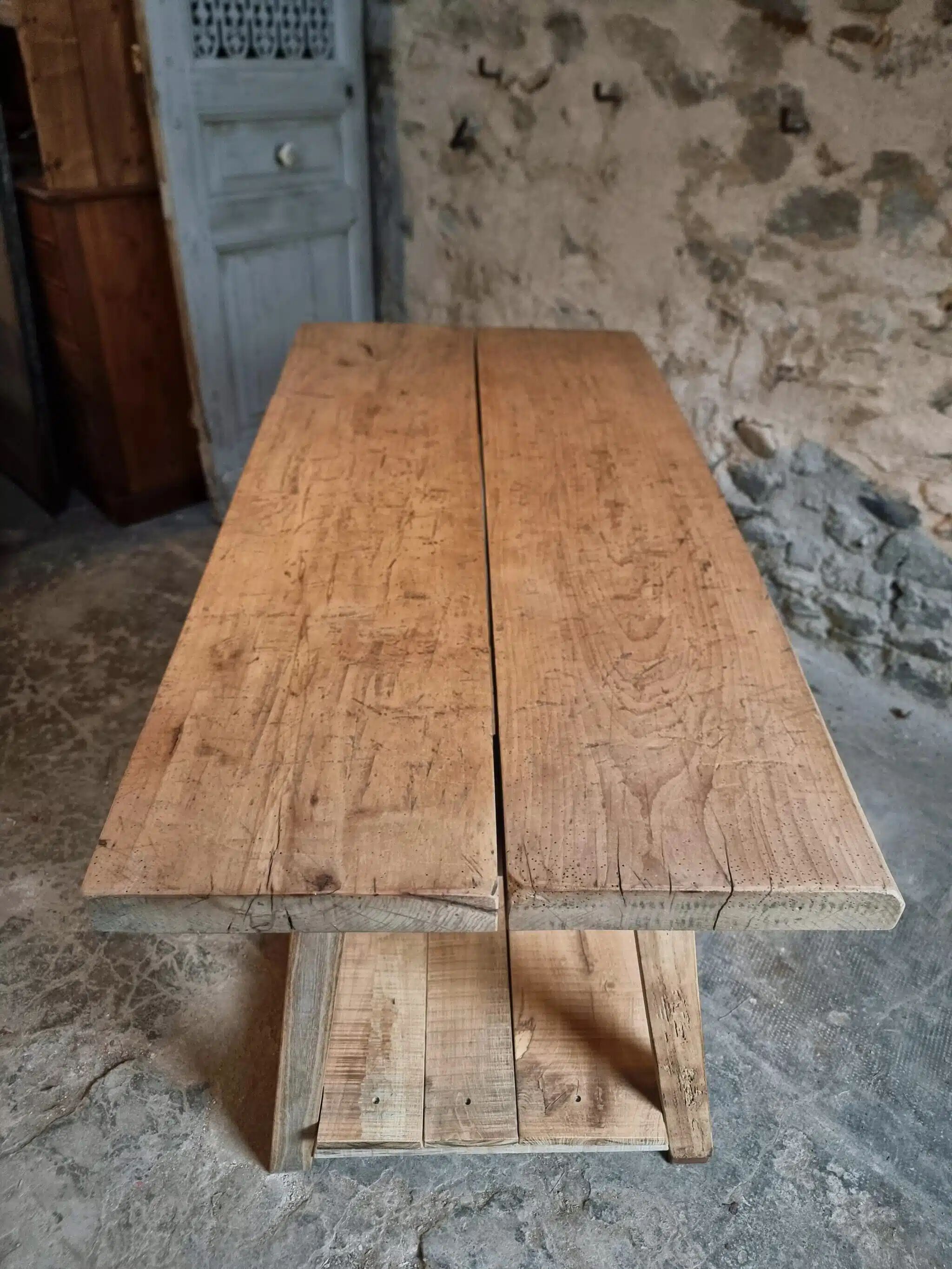 Old French work table / kitchen island / console, beech and chestnut, circa 1930–1950