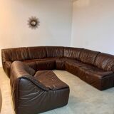 Large modular sofa with brown leather armchair 80s design dreipunkt vintage sofa