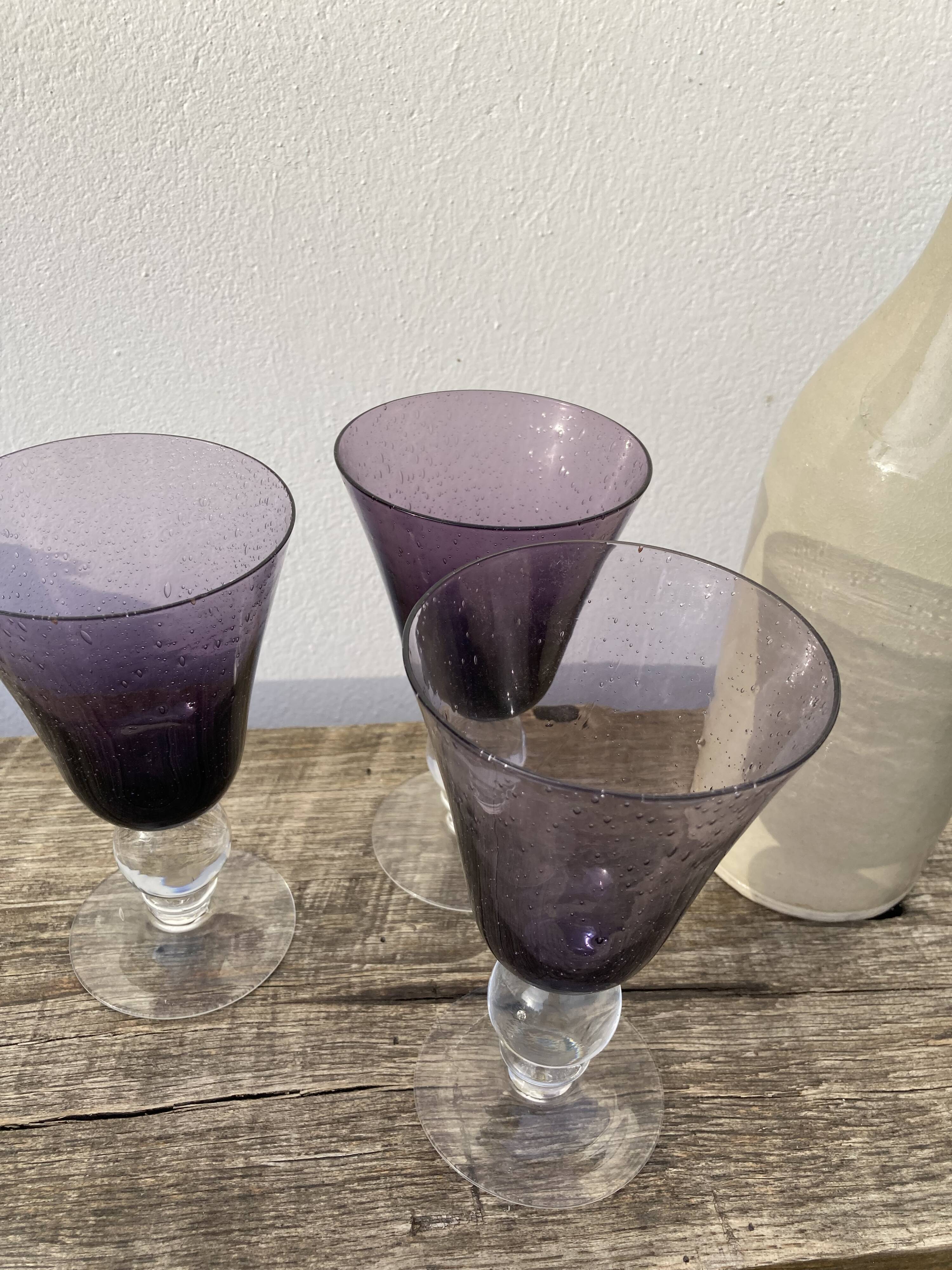 Trio of purple stemmed glasses Biot bubbled