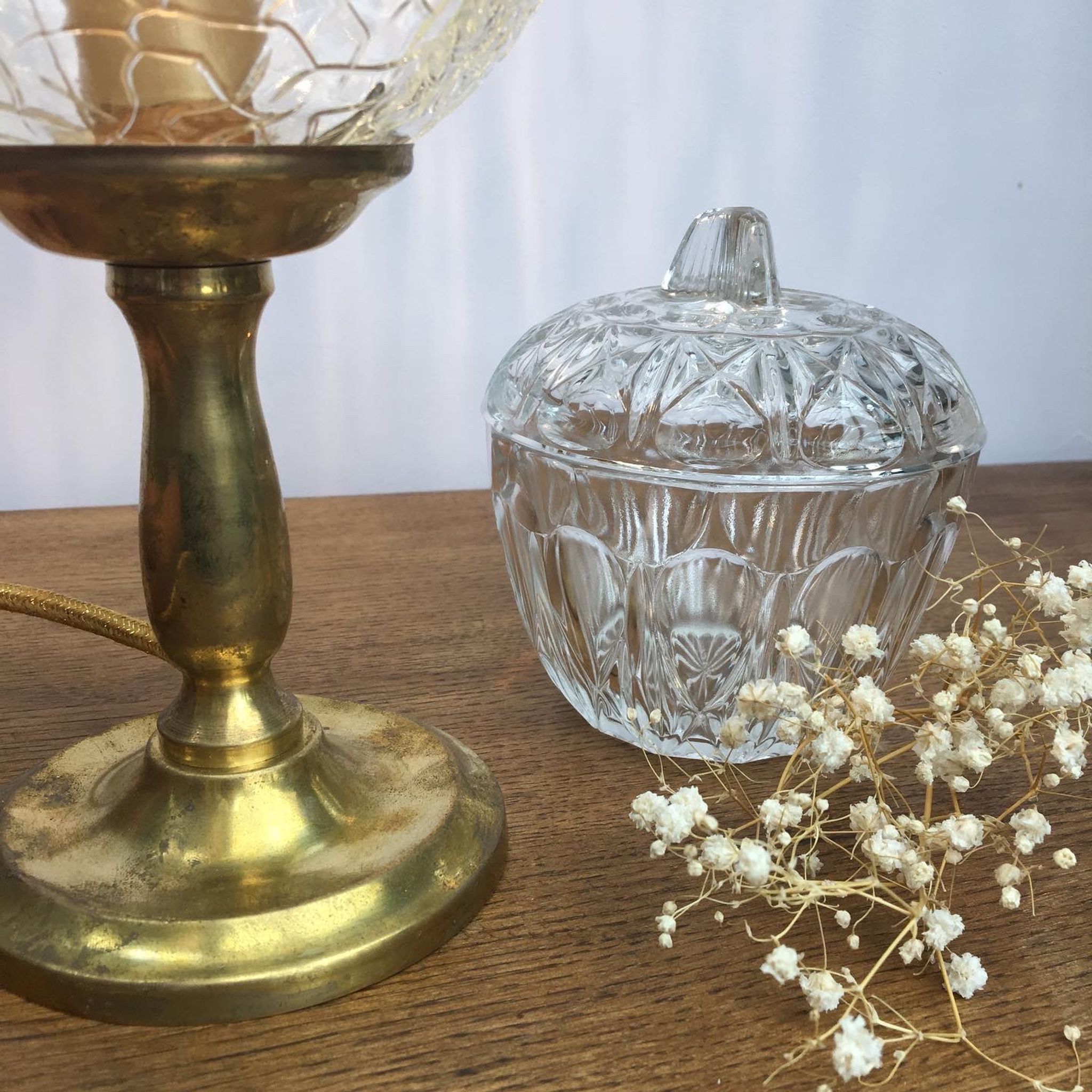Vintage brass base lamp and glass globe cracked effect
