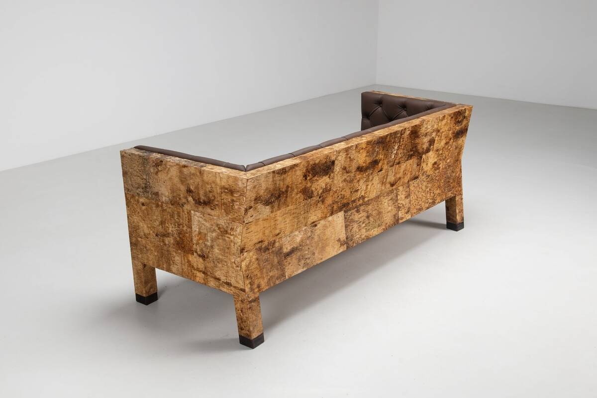 Werner Neumann sculptural birchwood sofa in birch bark and leather, The Netherlands