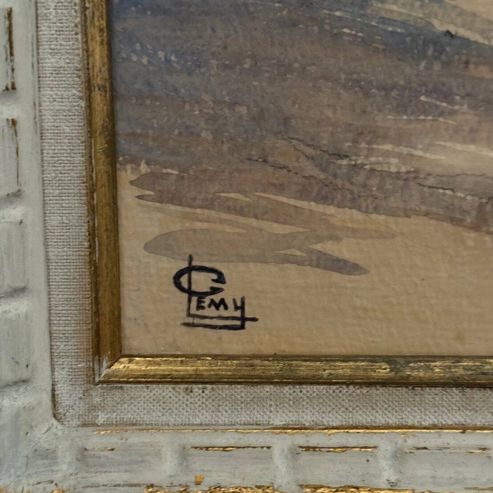 Watercolor on paper 1920 mountain village whitewashed frame