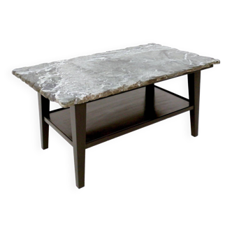 Vintage ebonized wood coffee table with a green alps marble top, italy