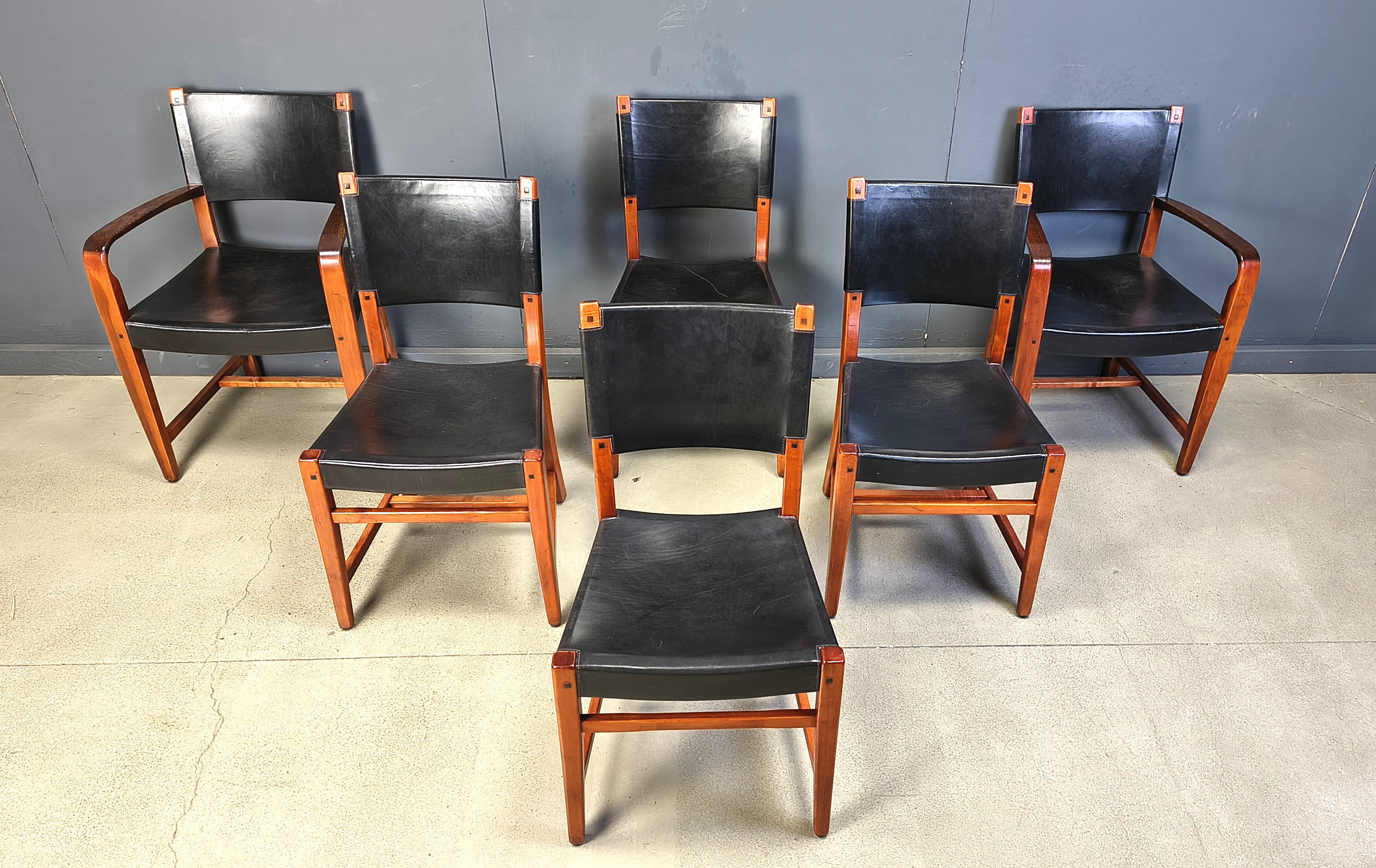 Vintage Spanish leather and wood dining chairs, set of 6 - 1970s