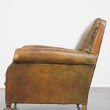 Fauteuil à roulettes anglais en cuir de vachette vert antique