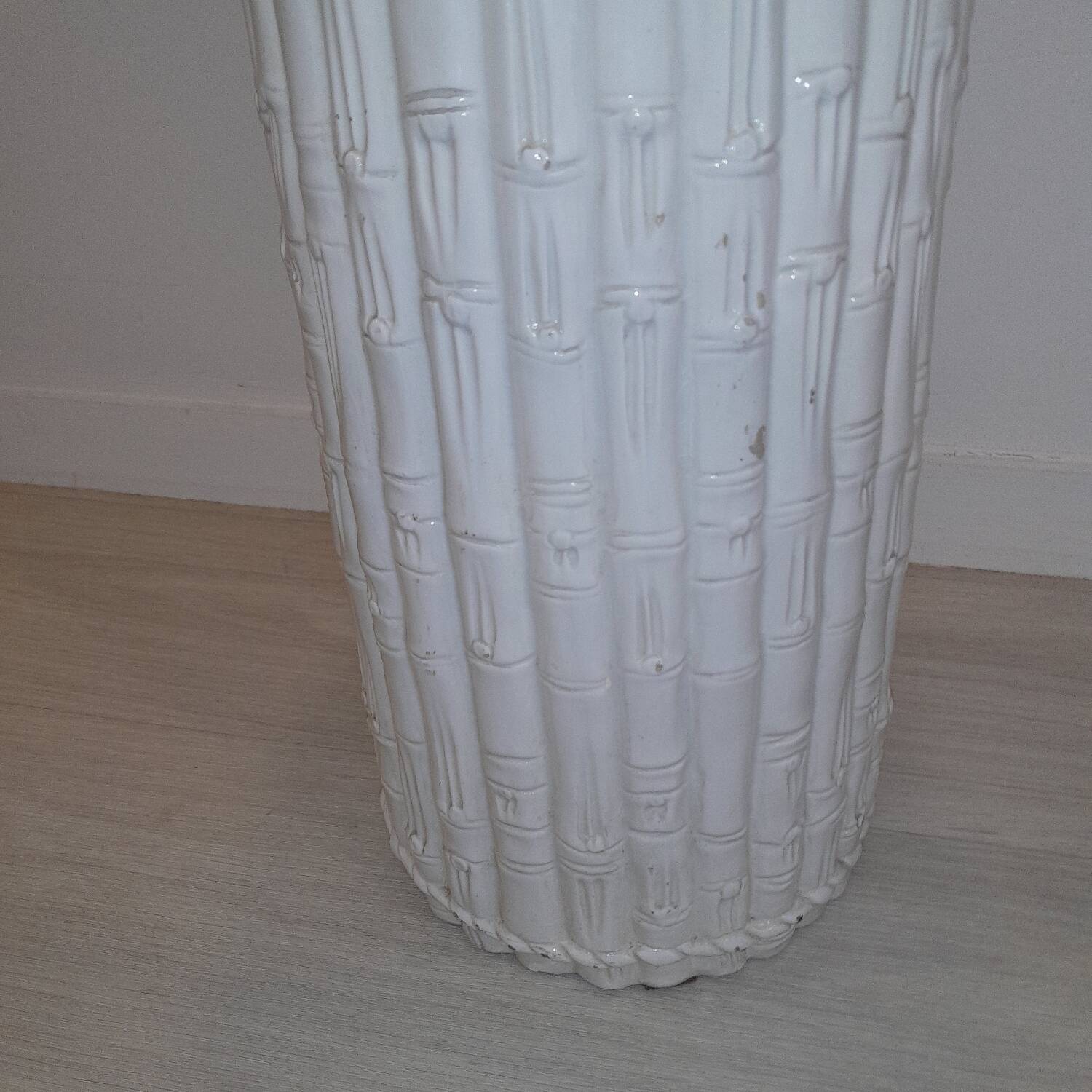 Porte-parapluie vintage italien en céramique blanche style bambou