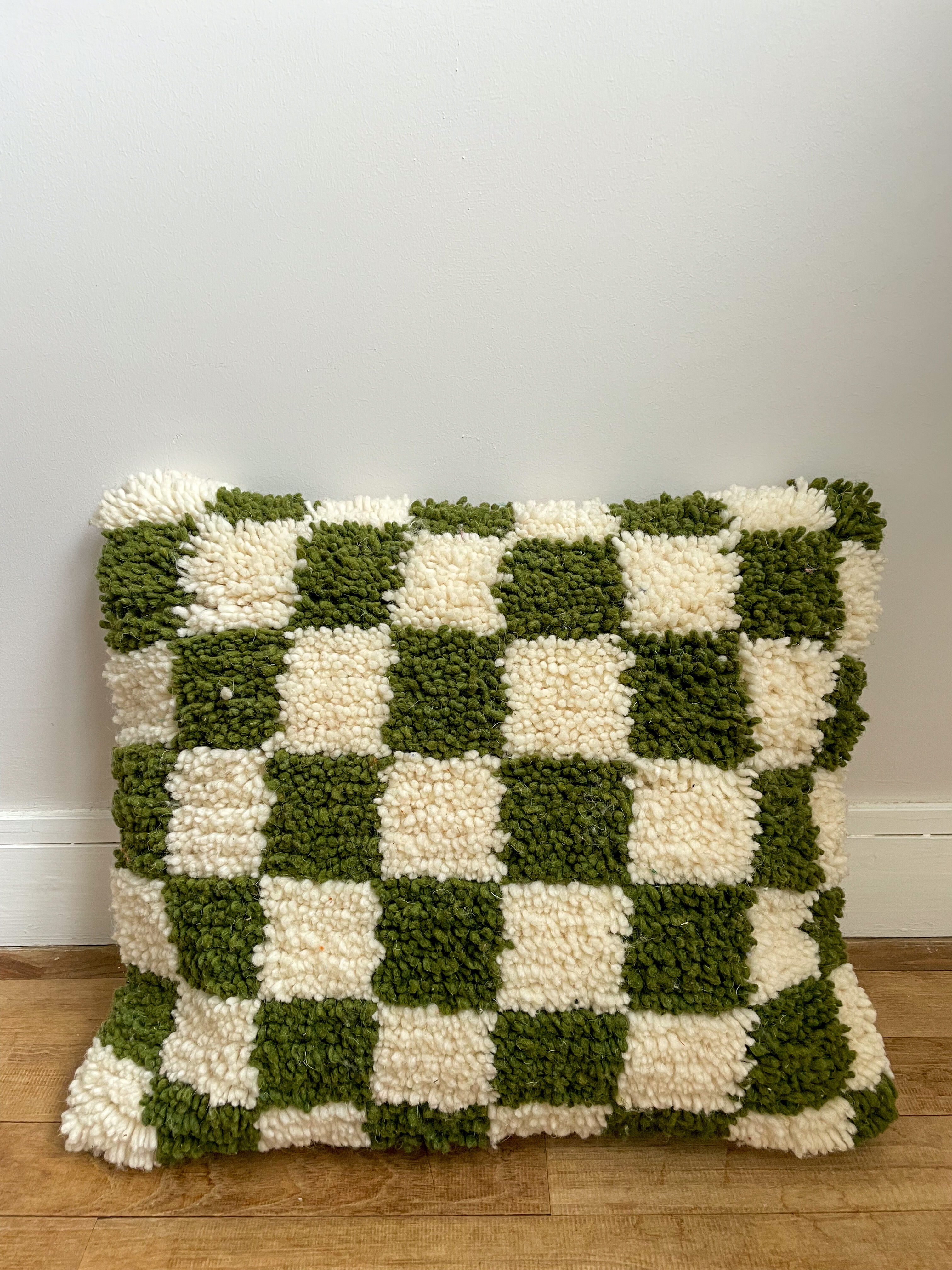 Khaki green and white checkered wool cushion