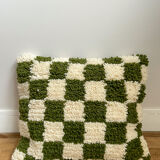 Khaki green and white checkered wool cushion
