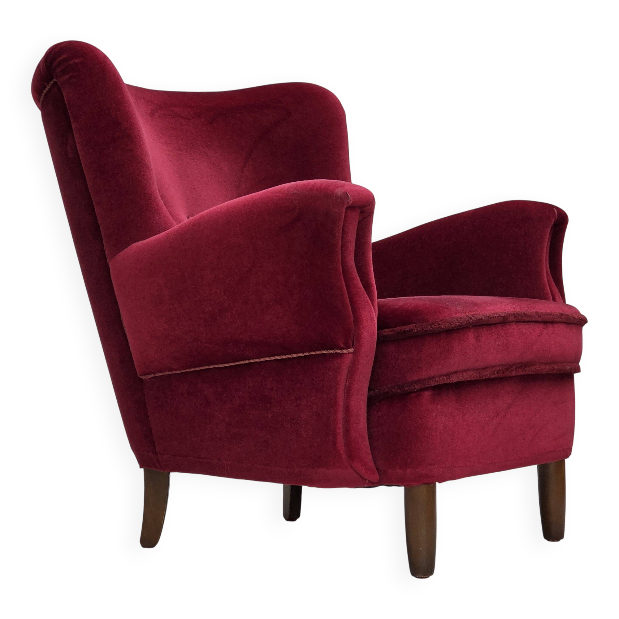 1960s, Danish armchair, cherry-red furniture velour, beech wood legs.