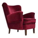 1960s, Danish armchair, cherry-red furniture velour, beech wood legs.